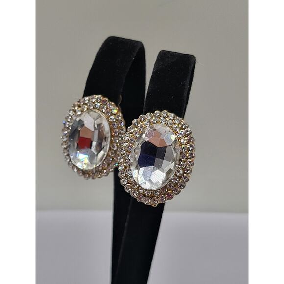 Vintage 1960s Clear Rhinestone Clip-On Earrings Oval Crystal & AB Halo - Picture 3 of 5